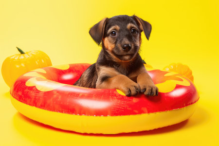 A cute puppy dog enjoying summer by floating in a watermelon-shaped inflatable ring, set against a bの素材