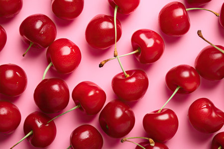 A flat lay style photograph showcasing ripe cherry fruits in bright red color on a trendy pink backgの素材