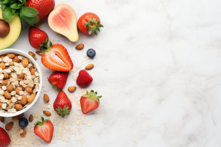A healthy food concept featuring a flat lay, top view of breakfast items including muesli, strawberrの素材