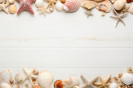A gorgeous beach backdrop for a summer holiday, featuring various accessories and seashells on a whiの素材
