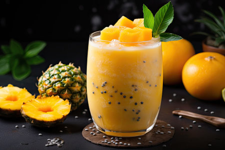 A healthy smoothie made with a combination of banana, mango, pineapple, and orange, resembling a troの素材