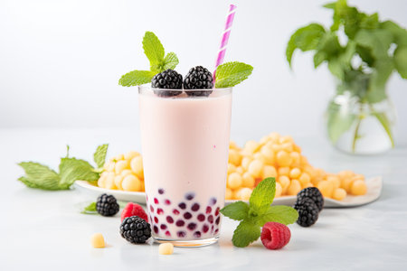 A homemade and revitalizing iced milk-based bubble tea with tapioca pearls. This delicious beverageの素材