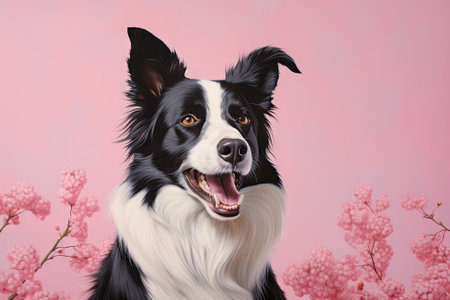 A joyful border collie dog with a cheerful expression, representing the arrival of spring. It is staの素材