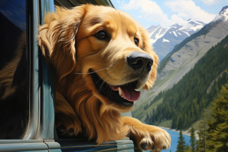 A Golden Retriever peering from the window of a moving vehicle.の素材