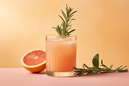A rosemary sprig is used to garnish a Mocktail Paloma with grapefruit juice on a beige background. Tの素材
