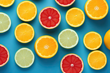 A minimalistic flat lay concept featuring vibrant lemon, orange, and red grapefruit arranged on a brの素材