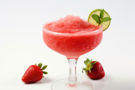 A margarita glass containing a frozen strawberry margarita cocktail, set apart against a white backgの素材