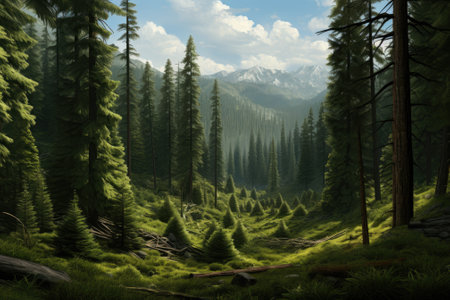 A lush forest filled with vibrant, thriving green trees stands amidst a wilderness of ancient spruceの素材