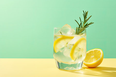 A revitalizing summer drink or alcoholic cocktail adorned with ice, rosemary, and lemon slices on aの素材