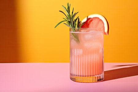 A picture of a Paloma mocktail, featuring grapefruit soda with a lime garnish and a sprig of rosemarの素材