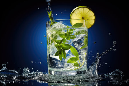 A refreshing Mojito cocktail containing lime, rosemary, mint, and ice, served in a glass jar againstの素材