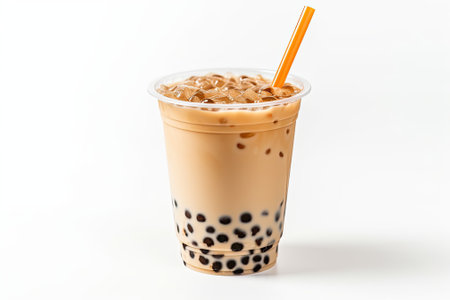 A transparent cup, isolated on a white background, holds a refreshing bubble tea. The beverage appeaの素材