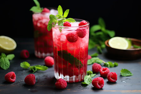 A mint-infused, ice-cold cocktail made with crushed raspberries, perfect for refreshing and coolingの素材