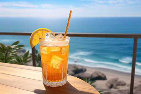 A refreshing chilled beverage in a cup with a lid, perfect for enjoying on a sunny day by the ocean.の素材