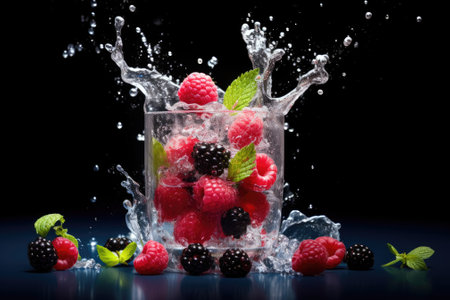 A refreshing summer drink, comprised of raspberries, blackberries, mint, and ice, served in a glassの素材