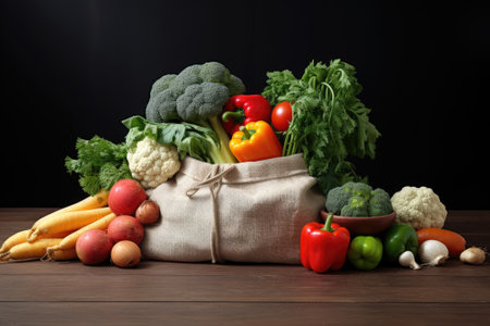 A table filled with an assortment of vegetables and fruits arranged in a cotton shopping bag.の素材