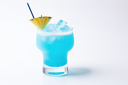 A picture featuring a refreshing Blue Lagoon cocktail in a glass set against a plain white backdrop.の素材