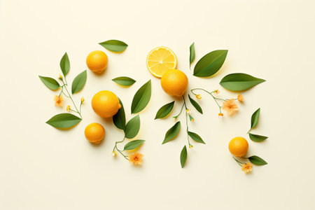 A playful summer design featuring oranges and green leaves arranged on a soft yellow backdrop. Thisの素材