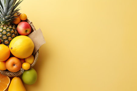 A photo of tropical fruits arranged in a straw bag on a yellow background, seen from above. There isの素材