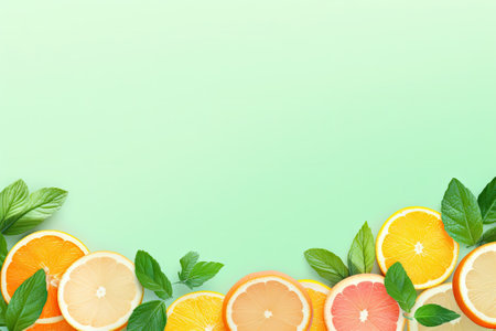 A retro pastel background with mint leaves and citrus slices adorning it, with an empty space on topの素材