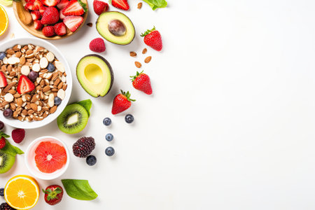 A healthy food concept featuring a flat lay, top view of breakfast items including muesli, strawberrの素材