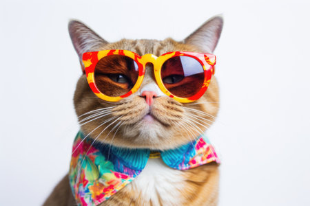 A Scottish cat dressed in summer attire and sporting sunglasses on a plain white backdrop, embodyingの素材