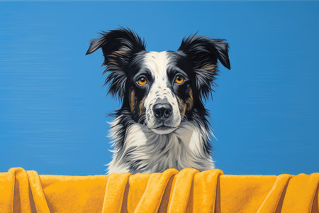 A humorous scene unfolds as a Border collie is adorned in a vibrant, striped yellow towel, evoking aの素材