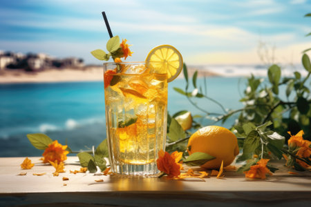 A refreshing summer drink served against the backdrop of a picturesque beach scene.の素材