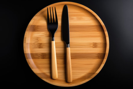 A set of wooden bamboo knife and fork placed on a black plate against a white backdrop. Represents tの素材