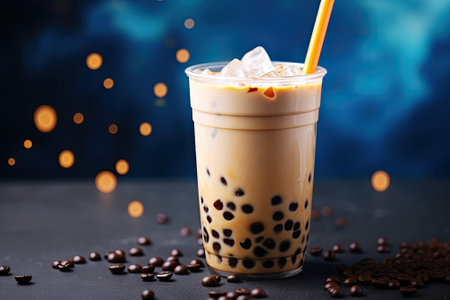 A person is preparing bubble milk tea with tapioca pearls on a grey table made of marble, while beinの素材