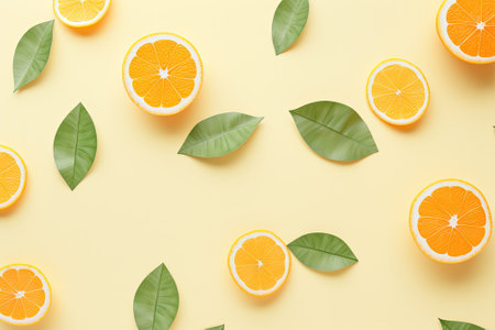 A playful summer design featuring oranges and green leaves arranged on a soft yellow backdrop. Thisの素材