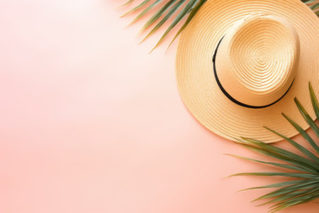 A summer-themed composition is depicted in this description. It features tropical palm leaves, a hatの素材