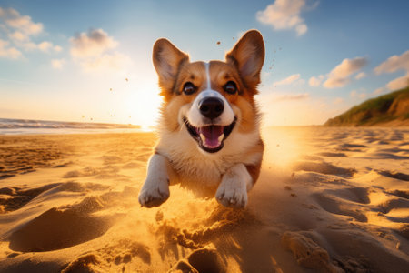 A joyful Welsh Corgi Pembroke canine is enjoying its time on a sandy beach.の素材