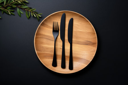 A set of wooden bamboo knife and fork placed on a black plate against a white backdrop. Represents tの素材