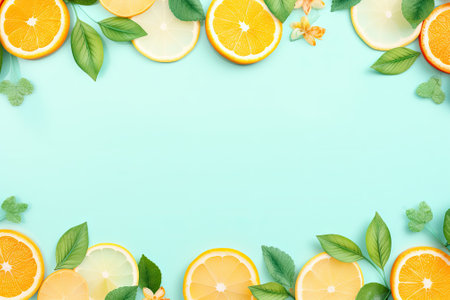 A retro pastel background with mint leaves and citrus slices adorning it, with an empty space on topの素材