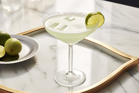A martini cocktail or a non-alcoholic mocktail includes a refreshing blend of ice, a lime slice, andの素材