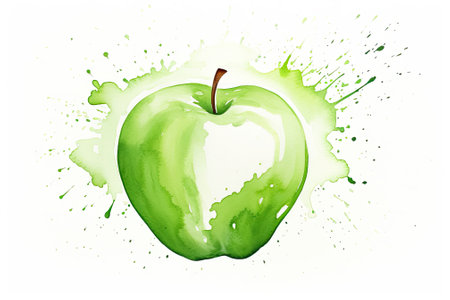 A unique design featuring a green apple and watercolor markings on a plain white surface. Presentedの素材