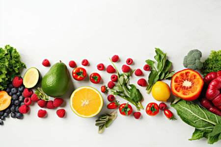 A top-down view of a variety of seasonal fruits, vegetables, and greens placed on a white wooden bacの素材
