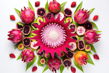 A unique and artistic arrangement made with dragon fruit placed on a clean white surface. The layoutの素材