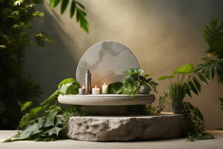 A podium made of stone with eco-friendly spa cosmetics showcased on top along with green leaves. Anの素材