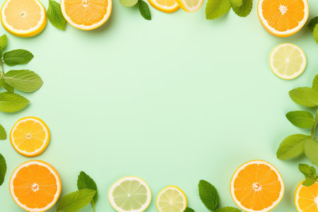 A retro mint pastel background holds a frame of citrus slices and mint herbs, as seen from above. Thの素材
