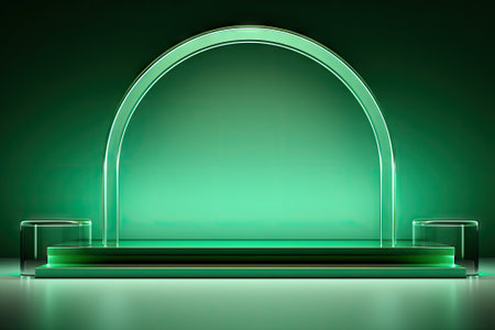 A stylish presentation background featuring a simple green light backdrop with a glass arch adornedの素材