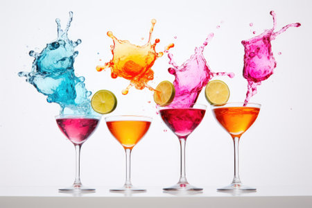 A selection of colorful cocktails splashing in the air, captured on a white background.の素材