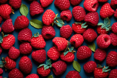 A vibrant arrangement of raspberry patterns against a blue backdrop, captured from a bird's eye persの素材