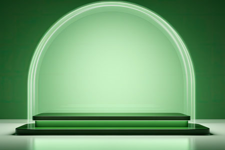 A stylish presentation background featuring a simple green light backdrop with a glass arch adornedの素材