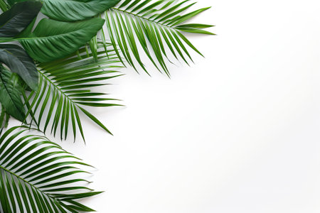 A set of items for travelers, featuring tropical palm leaf branches against a white backdrop, with oの素材