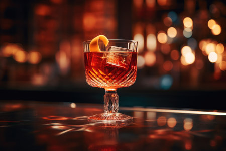 A vintage alcoholic beverage is showcased in a close-up shot, with the cocktail glass resting on a gの素材