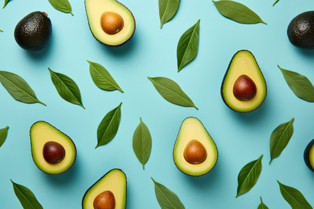 A vibrant design of avocados against a soft blue backdrop, representing the summer theme. Presentedの素材