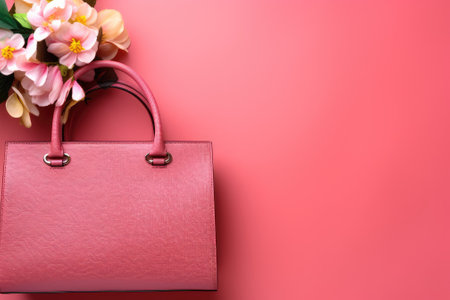 Bird's eye view of a women's tote bag and feminine accessories on a vibrant pink background with blaの素材