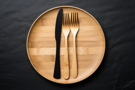 A set of wooden bamboo knife and fork placed on a black plate against a white backdrop. Represents tの素材